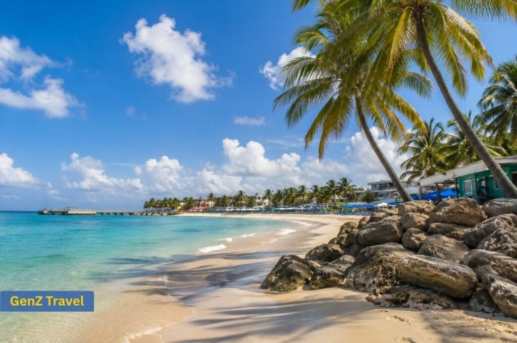 Barbados beach with turquoise water, palm trees and Caribbean coastline