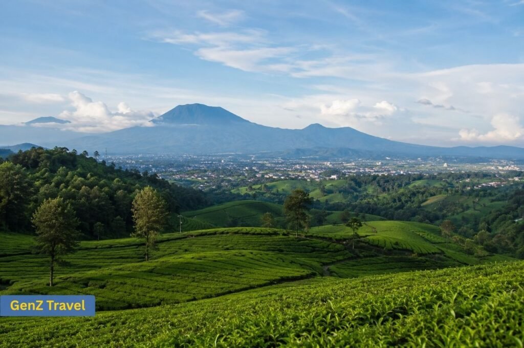 Green tea plantations overlooking Bandung and the volcanic highlands of West Java