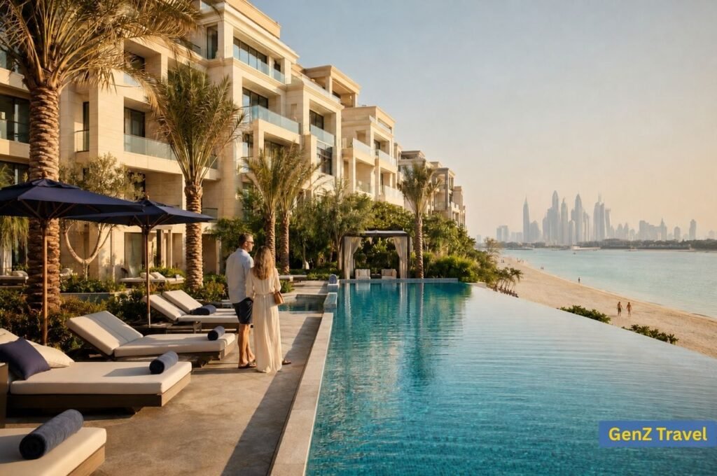 Couple beside an infinity pool at a luxury beachfront hotel in Dubai