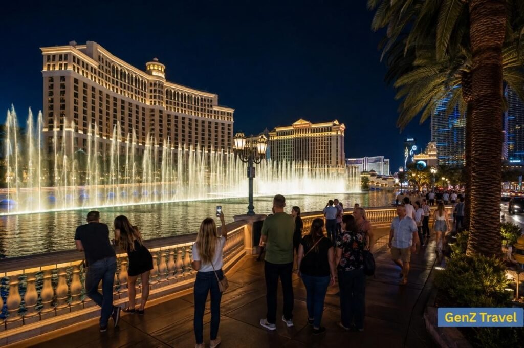 Tourists watching the Bellagio fountains at night during Las Vegas holidays.