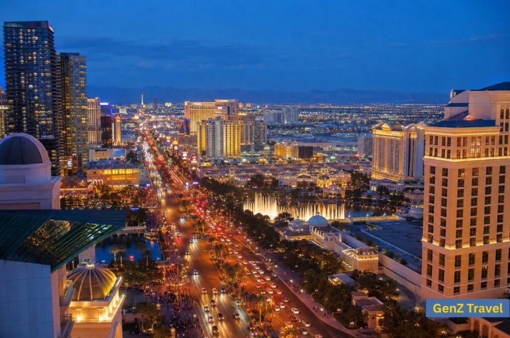 Aerial evening view of the illuminated Las Vegas Strip and Bellagio fountains.