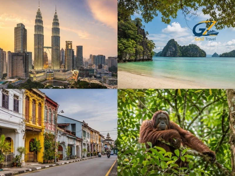 Places to visit in Malaysia, including Kuala Lumpur, Penang, a tropical beach and a Bornean orangutan.
