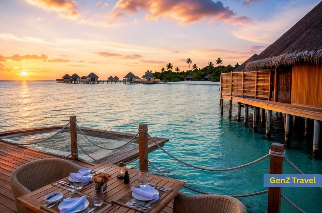 Peaceful Maldives overwater villa deck with private sunset dining beside a calm tropical lagoon