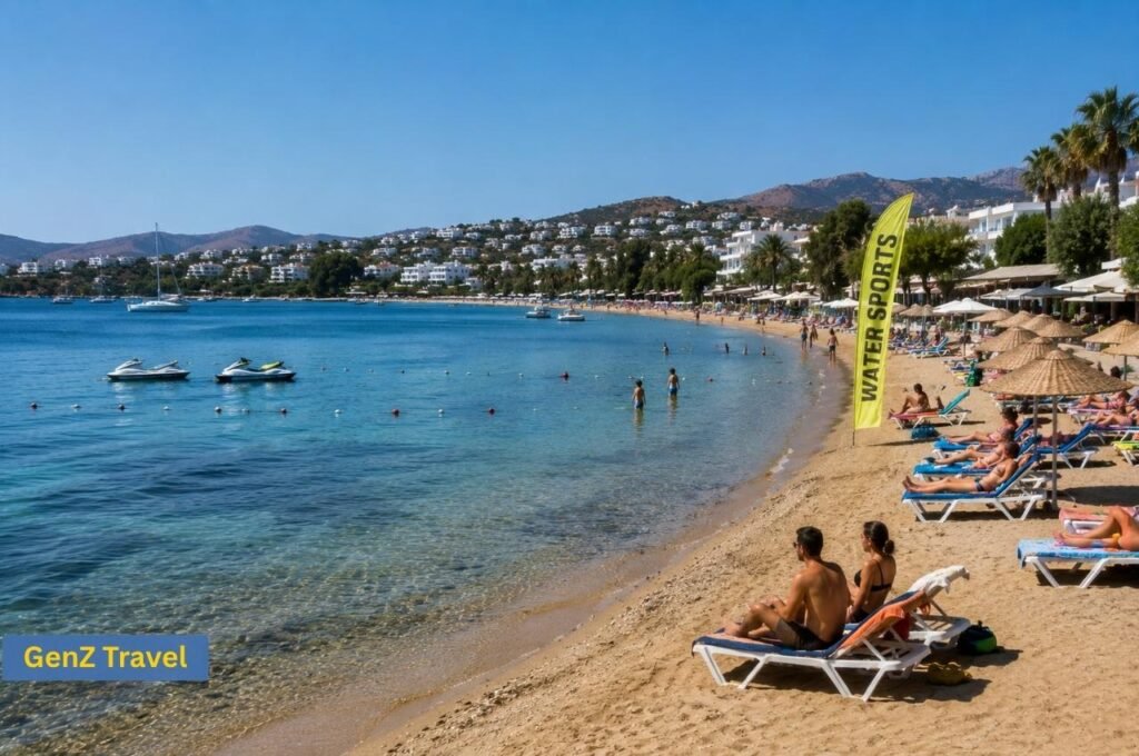 Sheltered Bitez Beach in Bodrum with calm water, sun loungers, watersports and white hillside houses