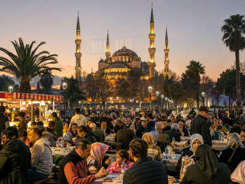 Blue Mosque Istanbul at sunset with visitors enjoying the historic Sultanahmet area