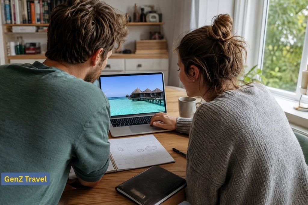 UK couple planning and booking a Maldives Christmas holiday early using a laptop and calendar
