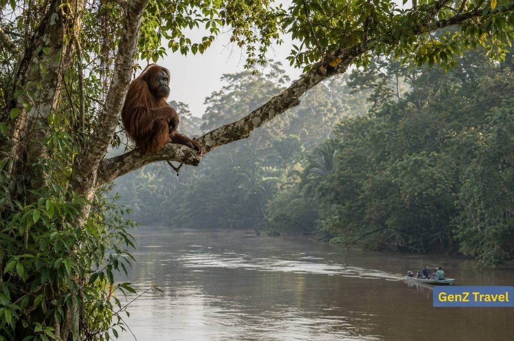 Wild orangutan overlooking the Kinabatangan River in Sabah, Malaysian Borneo
