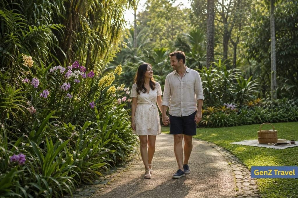 Couple walking past colourful orchids and tropical plants in Singapore Botanic Gardens.