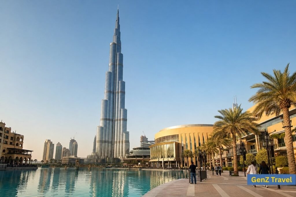 Burj Khalifa overlooking the lake and palm-lined promenade in Downtown Dubai