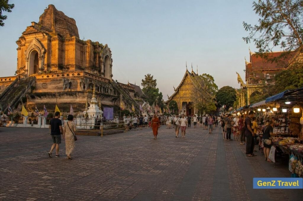 Wat Chedi Luang and historic temple architecture in Chiang Mai Old City Thailand