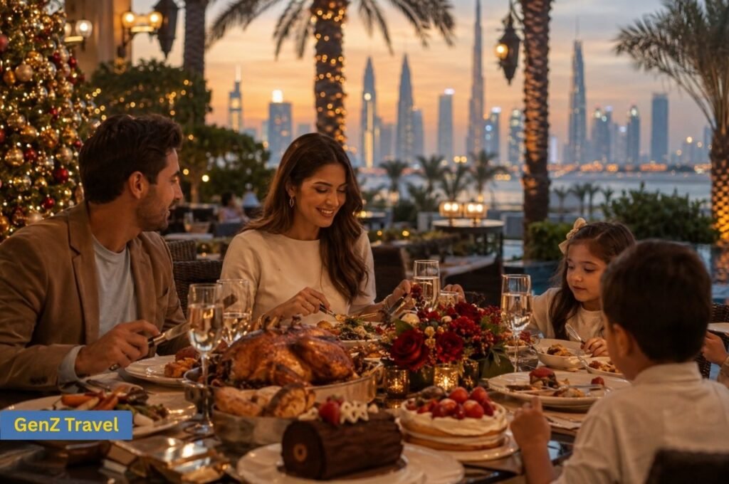 Family enjoying a festive Christmas dinner at a Dubai restaurant