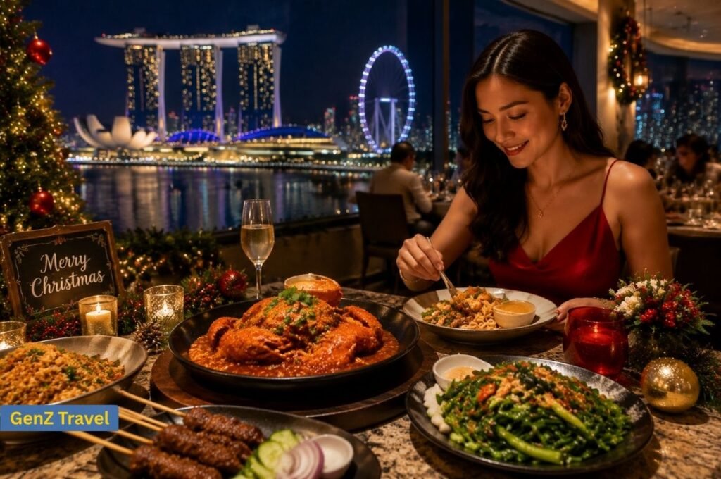 Christmas dinner in Singapore featuring local dishes, festive decorations and Marina Bay views