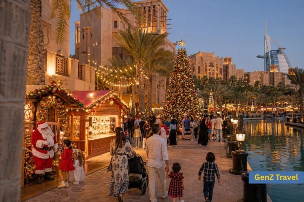 Families exploring a festive Christmas market at Madinat Jumeirah in Dubai