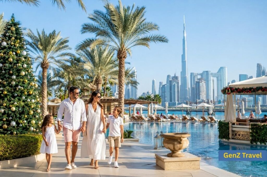 Family enjoying warm sunny weather beside a Dubai hotel pool at Christmas