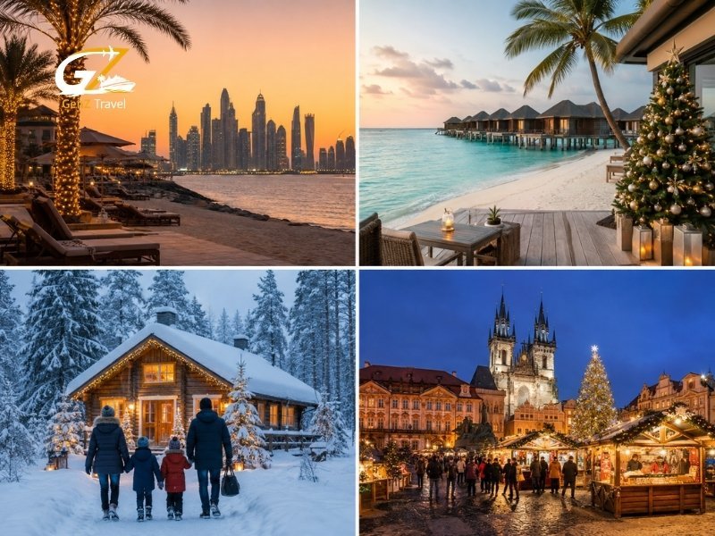 Christmas holiday destinations featuring Dubai, Maldives, Lapland and Prague festive travel scenes