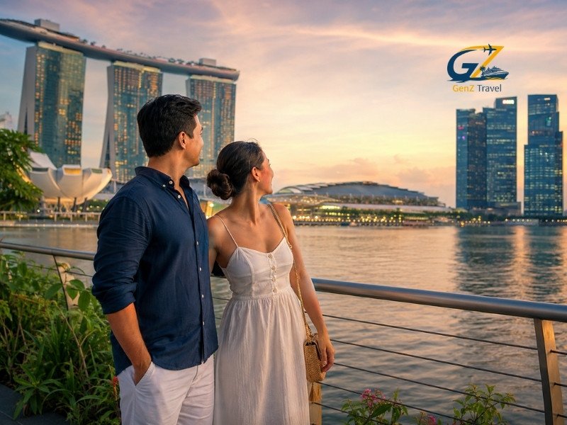 Romantic couple enjoying a Singapore honeymoon beside Marina Bay Sands at sunset.