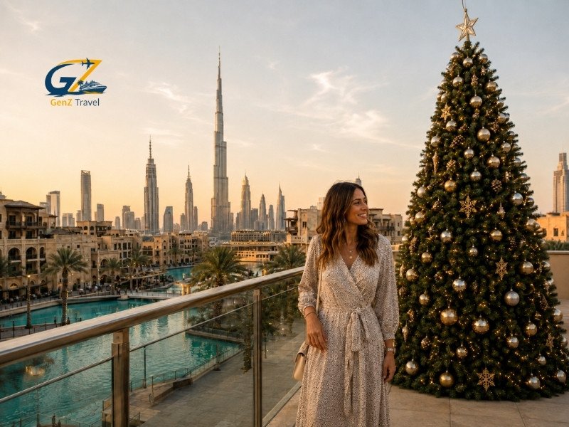 Woman enjoying Christmas in Dubai beside a decorated tree and the Burj Khalifa skyline