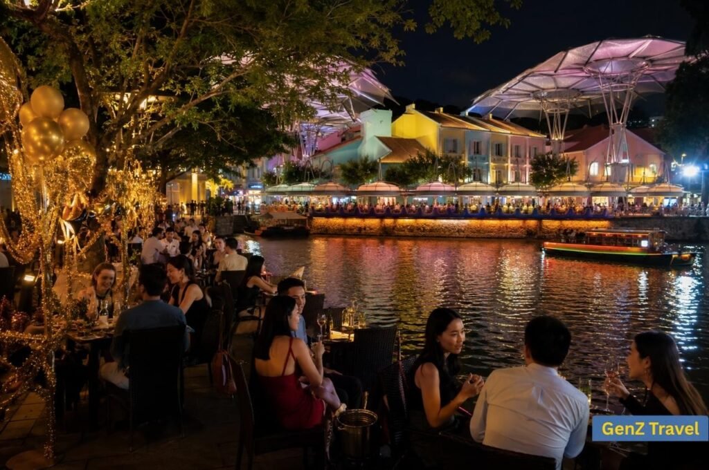 Riverside dining at Clarke Quay during a new year celebration in Singapore
