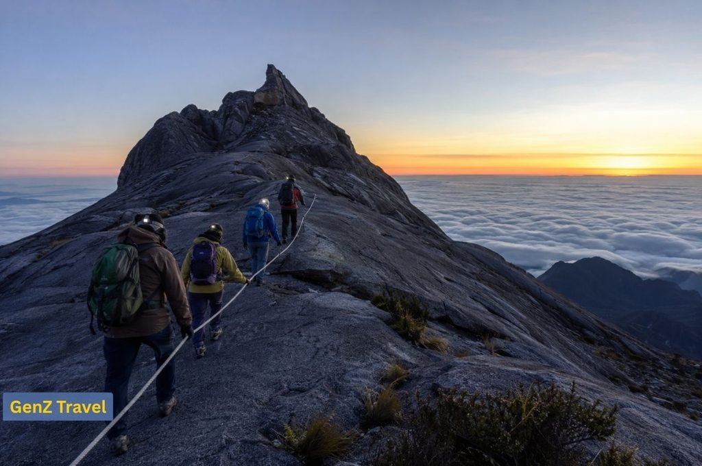 Guided hikers climbing Mount Kinabalu across granite terrain as the sun rises above the clouds.