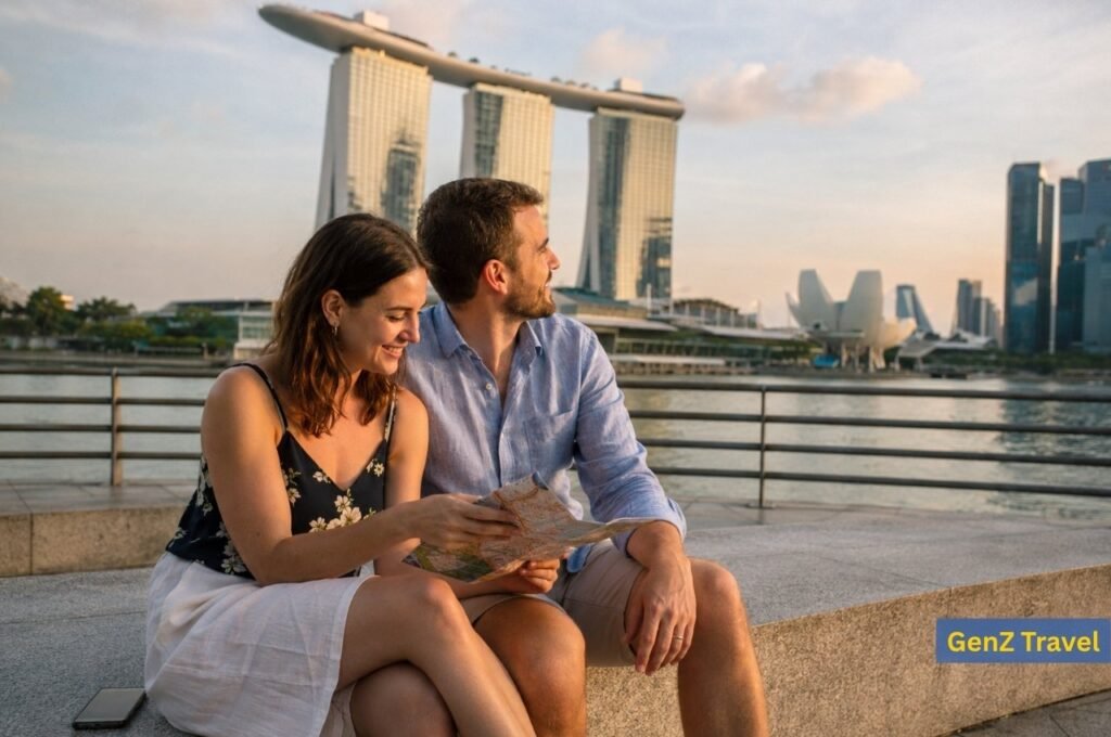 Couple planning their Singapore honeymoon with a map beside Marina Bay Sands.