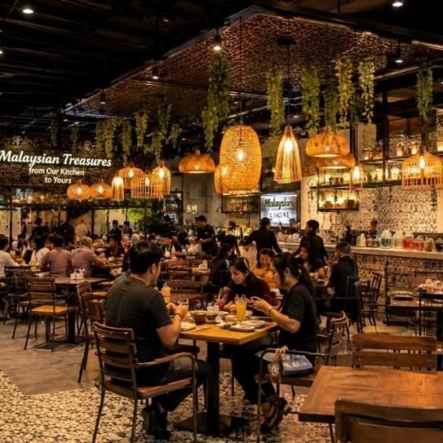 Busy Malaysian restaurant in Kuala Lumpur with local diners, warm lighting and traditional Malaysian cuisine