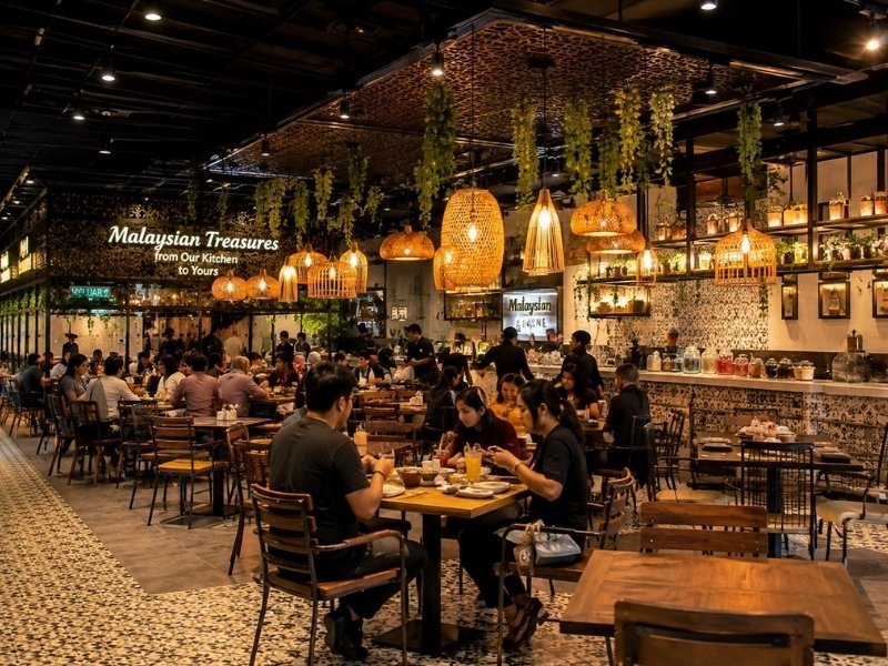 Busy Malaysian restaurant in Kuala Lumpur with local diners, warm lighting and traditional Malaysian cuisine