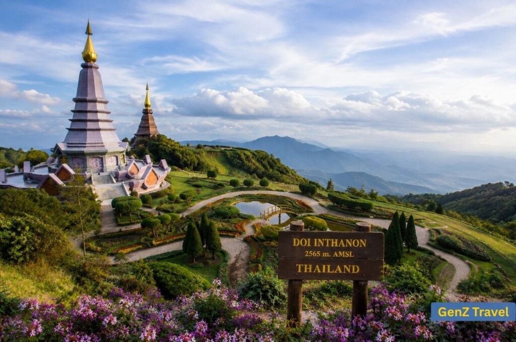 Twin royal pagodas and flower gardens overlooking mountains in Doi Inthanon Thailand