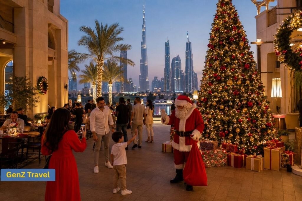 Santa greeting a child beside a decorated Christmas tree in Dubai