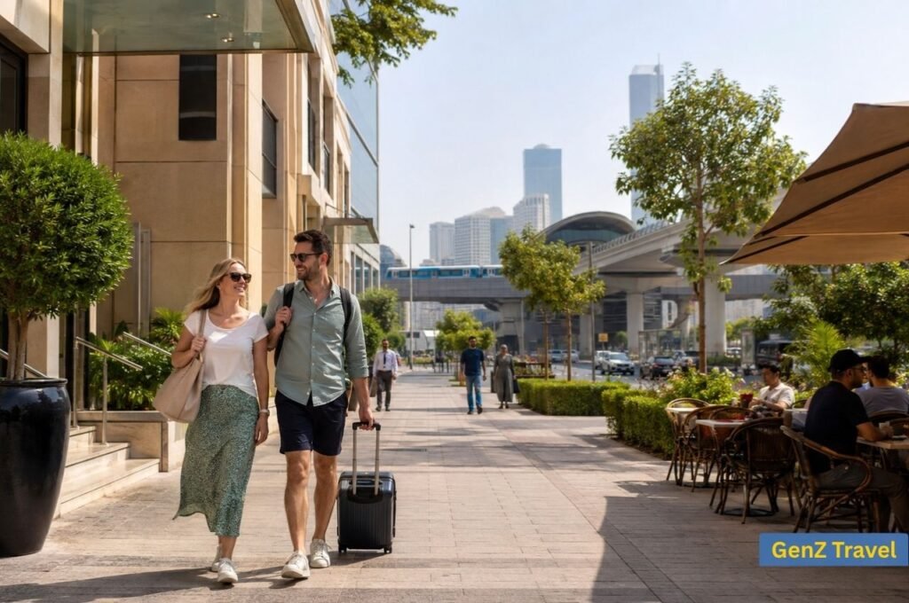 UK couple staying near a Dubai Metro station during an affordable city holiday