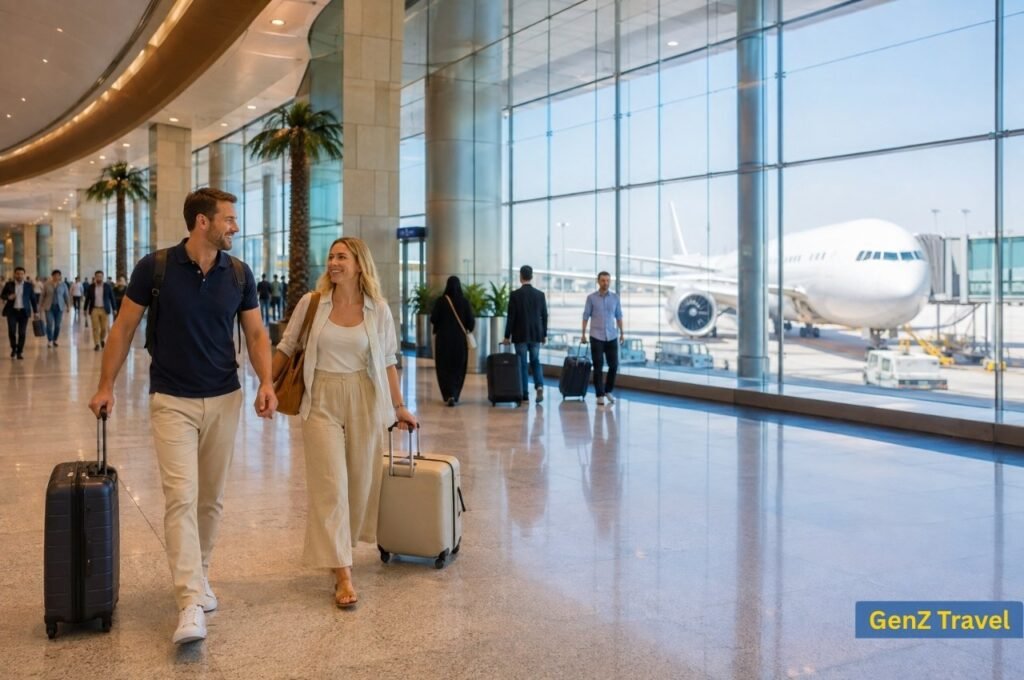 UK couple walking through Dubai International Airport with their luggage