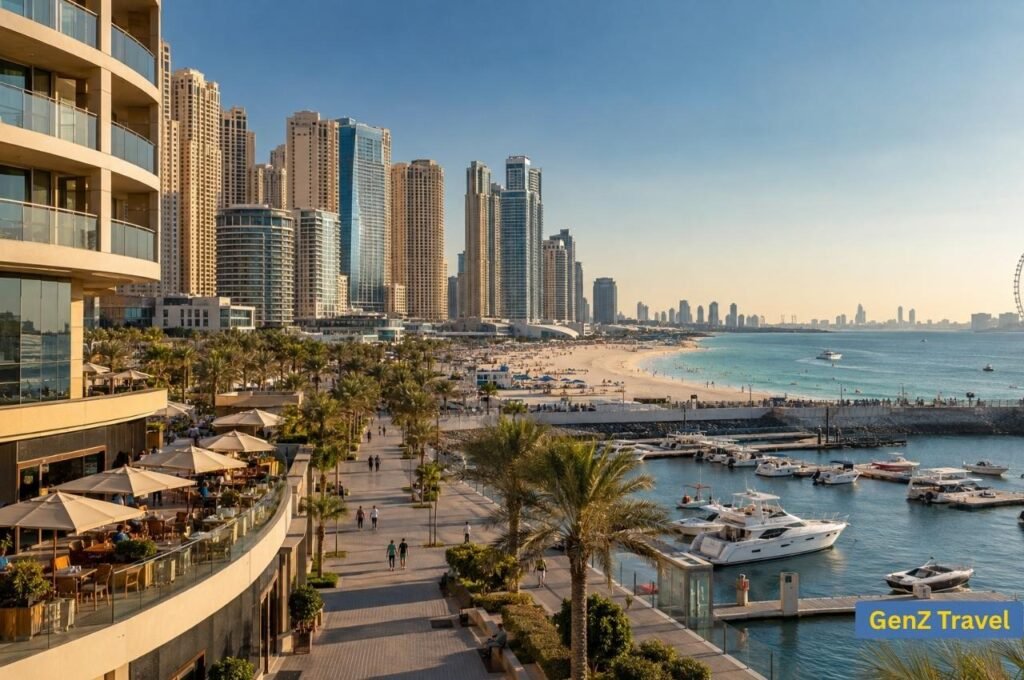 Dubai Marina waterfront with JBR Beach, restaurants, hotels and leisure boats