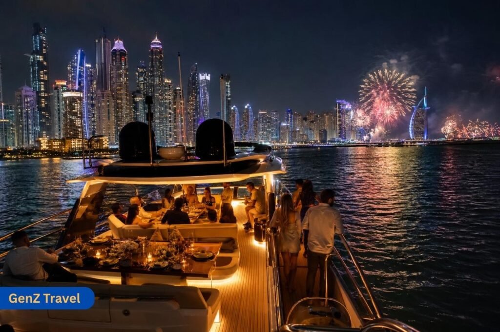 Guests enjoying a Dubai New Year yacht party with skyline fireworks