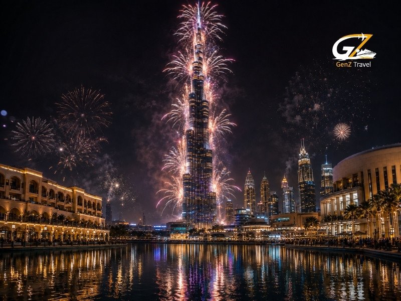 Dubai New Year fireworks illuminating Burj Khalifa and Downtown Dubai