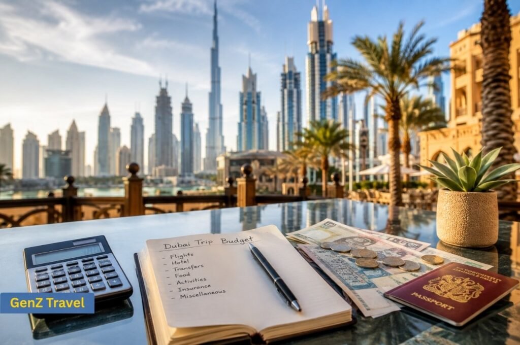 Dubai Christmas holiday budget planning with calculator, passport and Dubai skyline