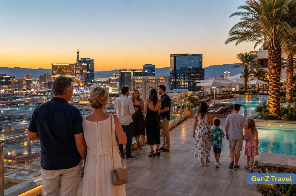 Couples and families enjoying a rooftop resort pool during Las Vegas holidays.