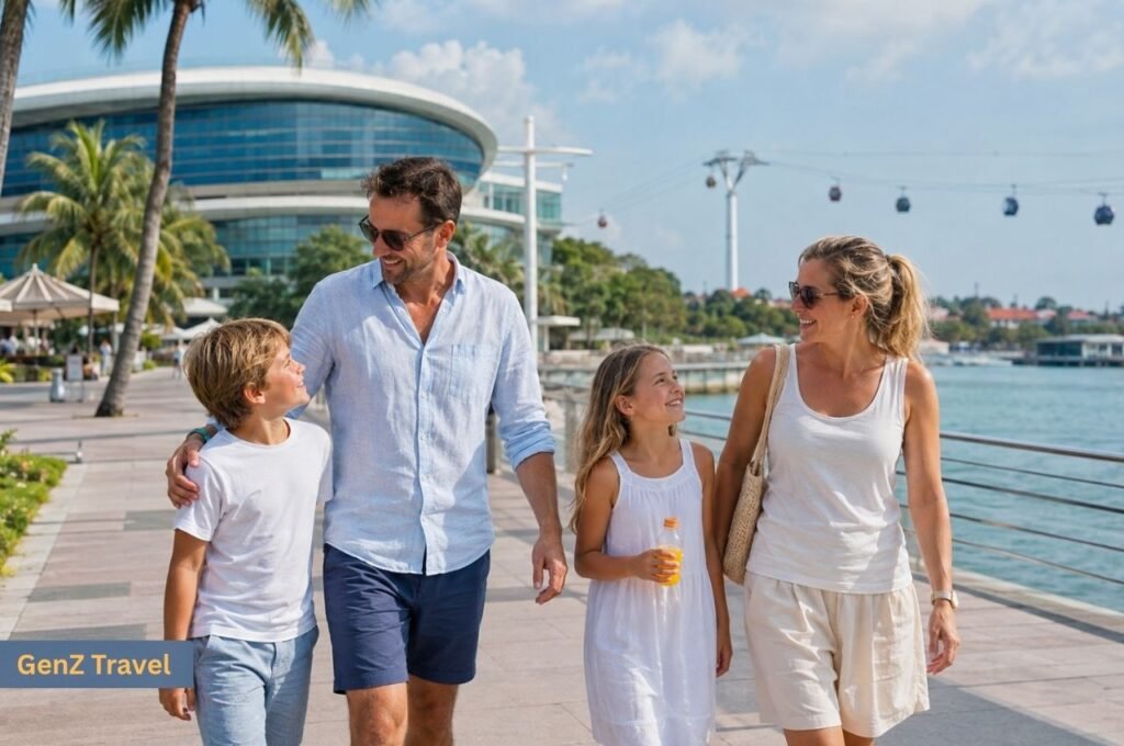 Family enjoying a sunny waterfront walk during a holiday on Sentosa Island in Singapore.