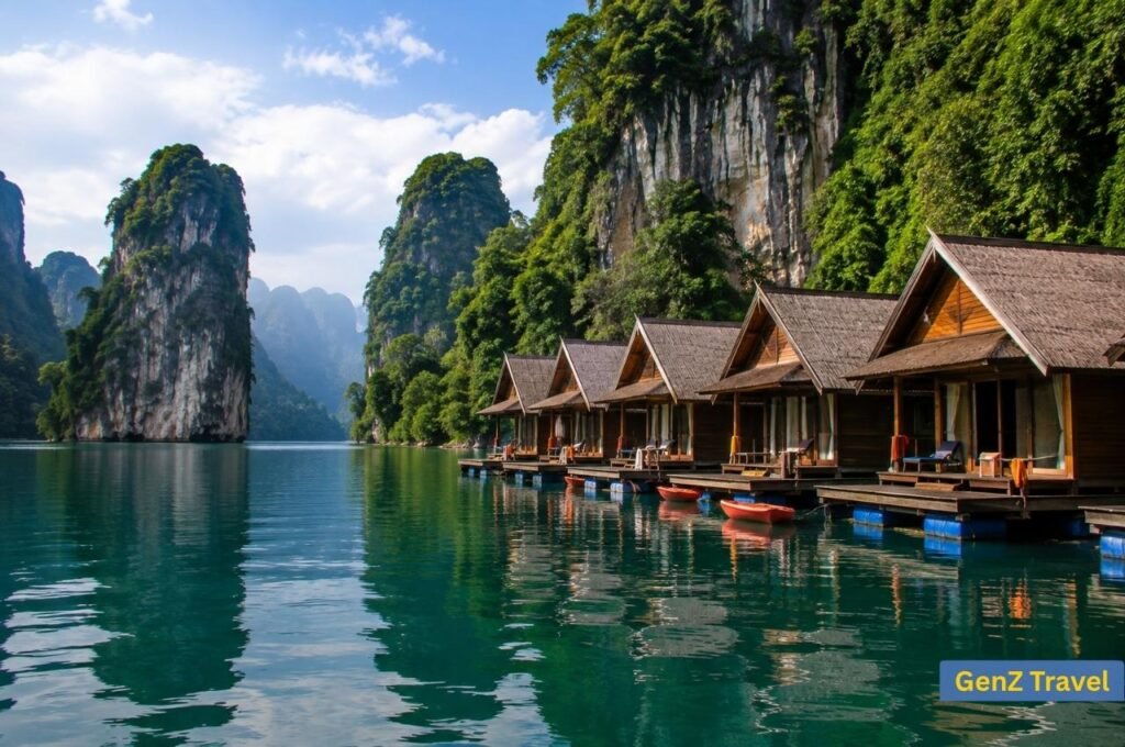Floating bungalows on emerald Cheow Lan Lake surrounded by limestone mountains in Khao Sok Thailand