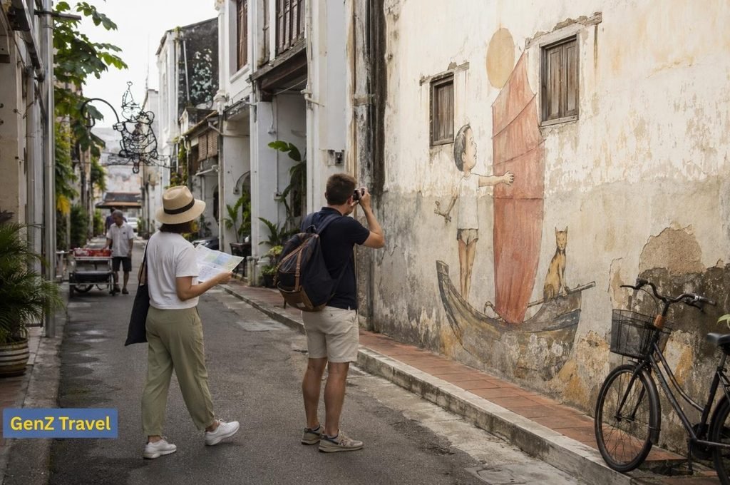 Travellers photographing famous street art along a historic lane in George Town, Penang.