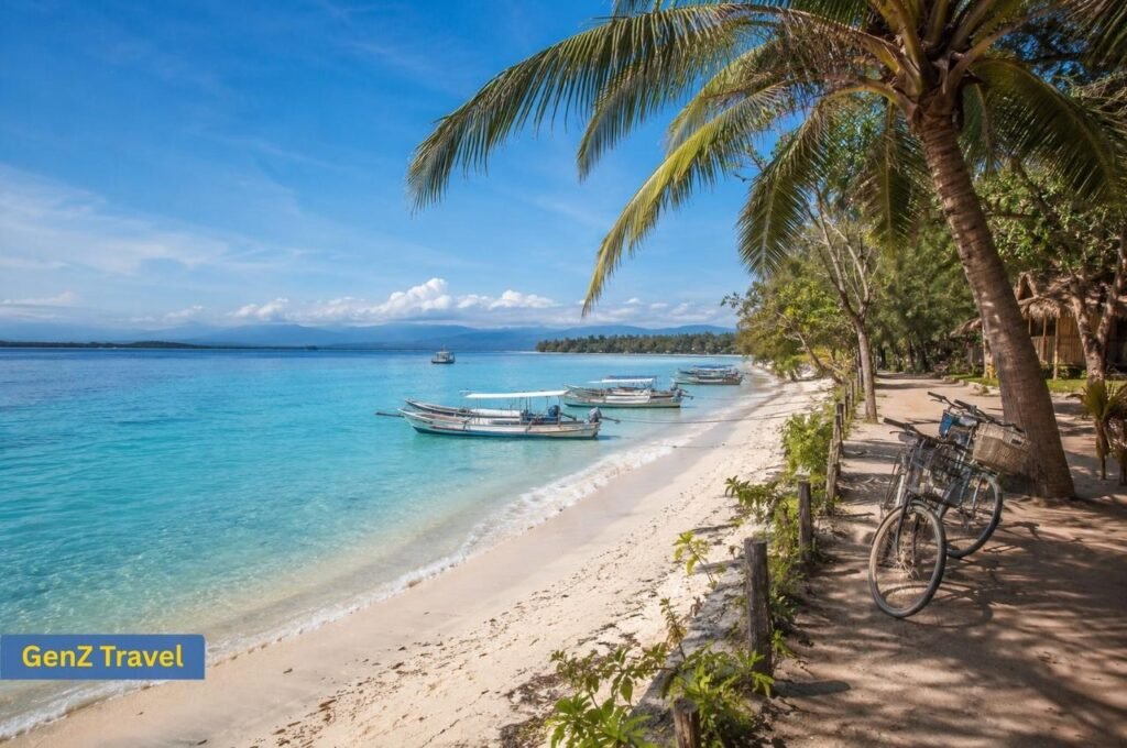 White sand beach, turquoise water and bicycles on the Gili Islands Indonesia