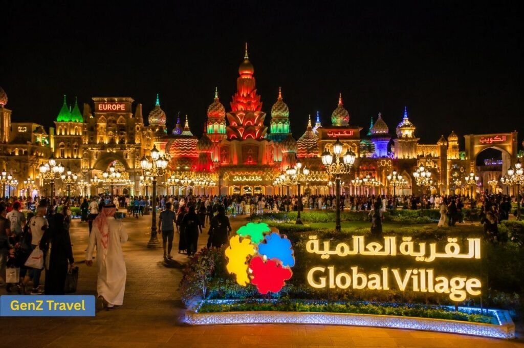 Global Village Dubai illuminated at night with visitors and international pavilions