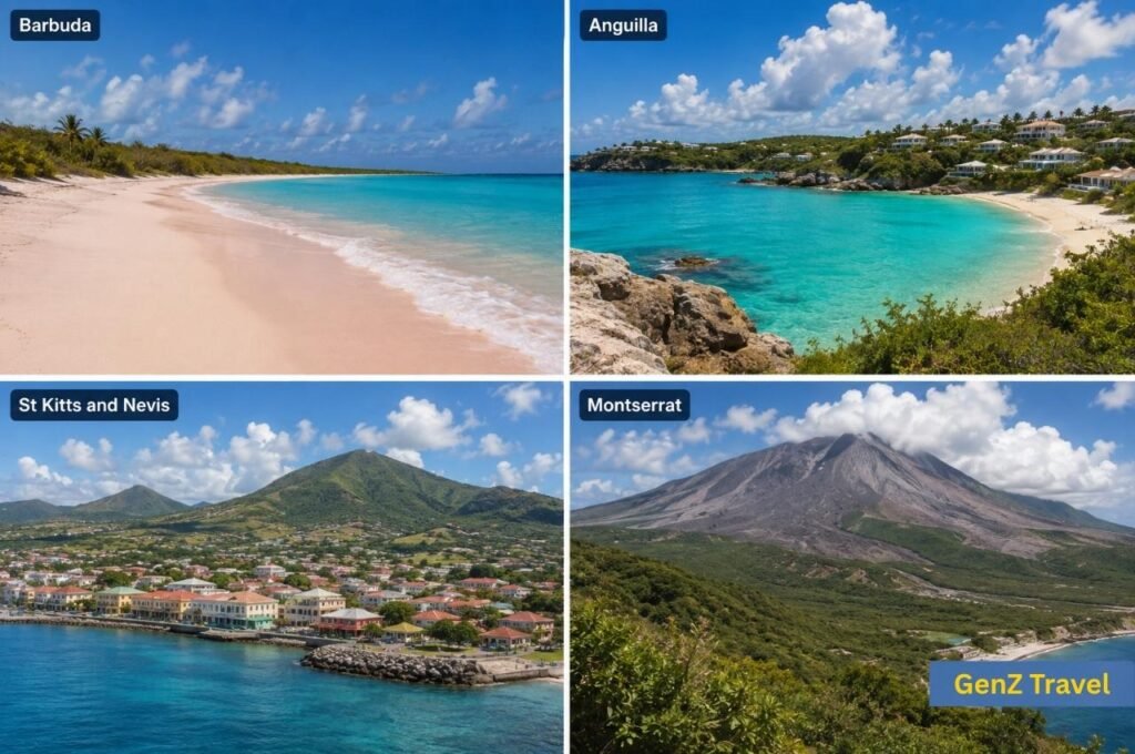 Barbuda, Anguilla, St Kitts and Nevis, and Montserrat Caribbean island collage