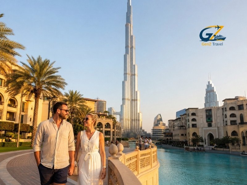 UK couple enjoying holidays in Dubai near the Burj Khalifa and Downtown waterfront.