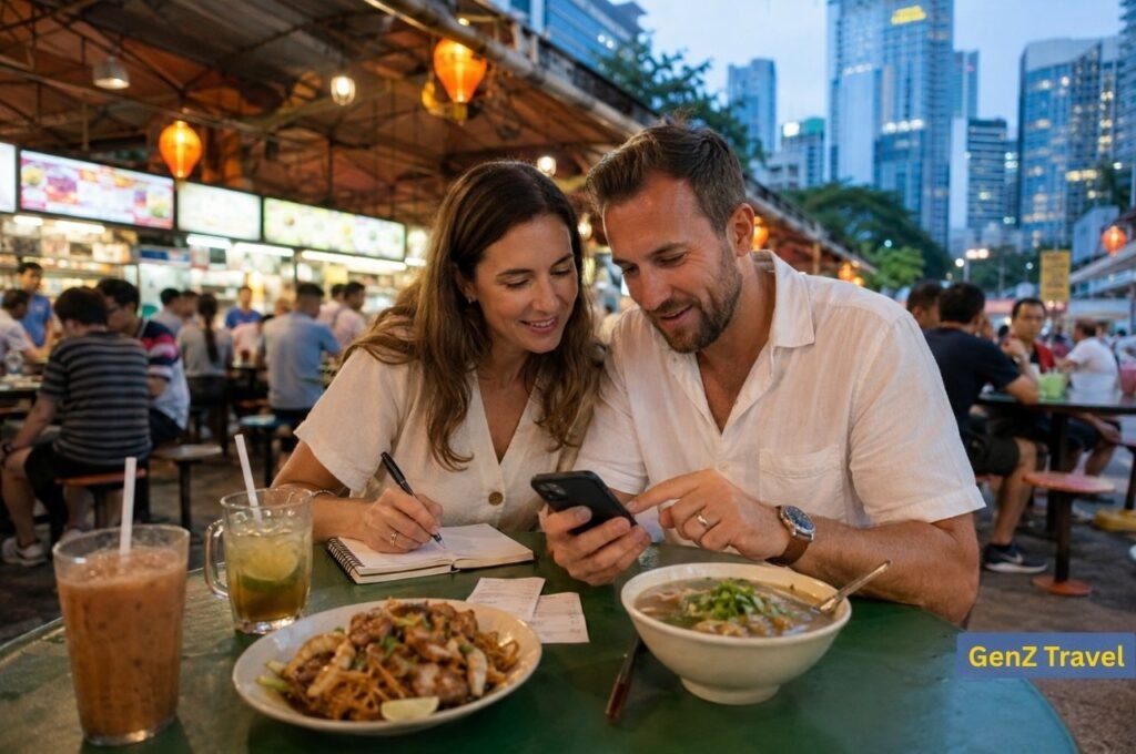 Couple calculating their Singapore honeymoon costs while dining at a local hawker centre.