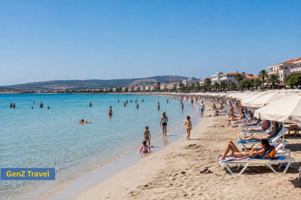 Ilıca Beach in Çeşme with shallow turquoise water, sandy shore, families, sun loungers and parasols