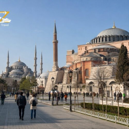 Hagia Sophia and Blue Mosque Istanbul with visitors exploring the historic landmarks