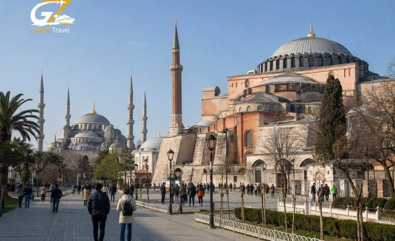 Hagia Sophia and Blue Mosque Istanbul with visitors exploring the historic landmarks