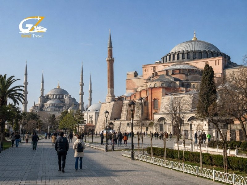 Hagia Sophia and Blue Mosque Istanbul with visitors exploring the historic landmarks