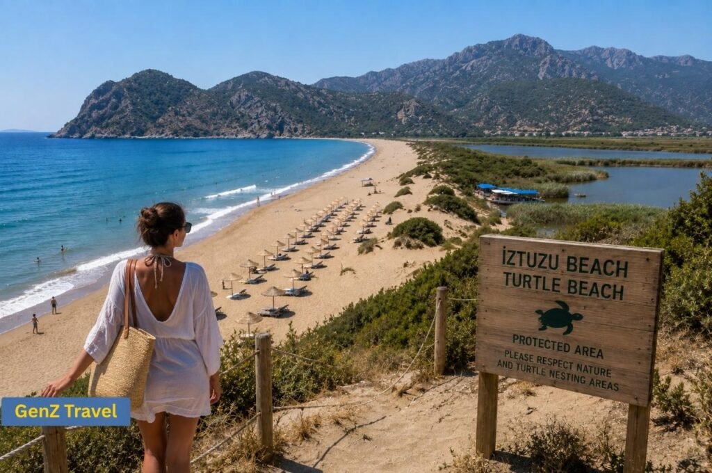 Woman overlooking İztuzu Turtle Beach with sandy shoreline, river delta and protected nesting area sign
