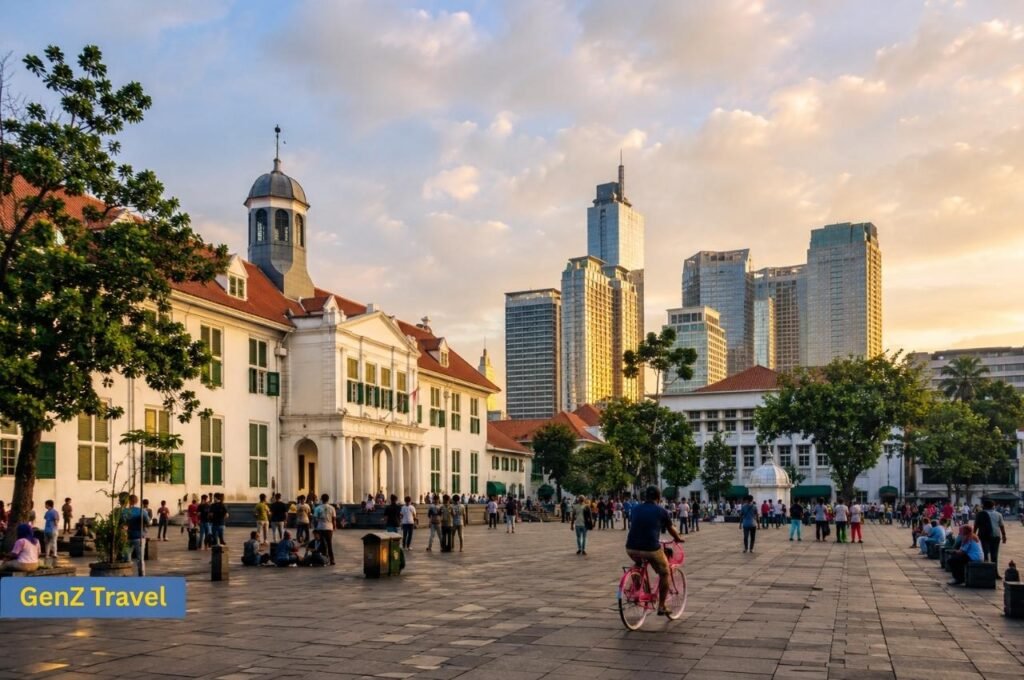 Kota Tua colonial buildings and modern Jakarta skyline at golden hour