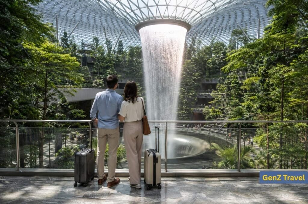 Couple with luggage admiring the Rain Vortex inside Jewel Changi Airport, Singapore.